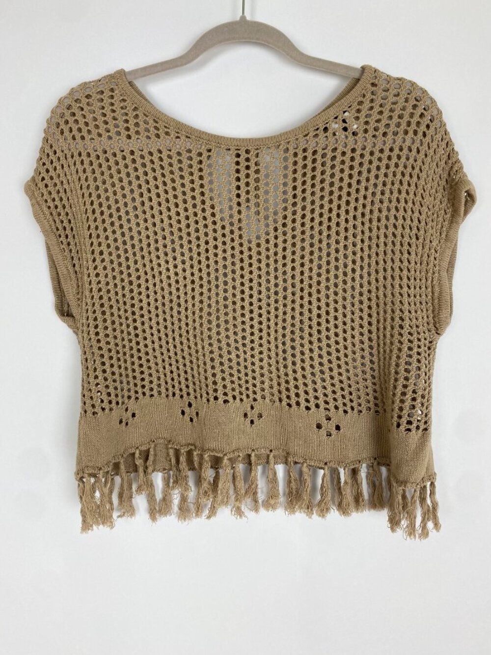 Bobi Crotchet Fringe Top in Taupe, Boho | Small